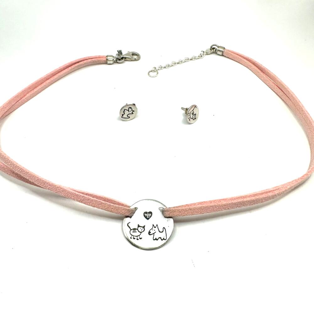 Silpada Israel Pink Cat Dog Sterling Silver Necklace Earring Set 925 Pet Jewelry